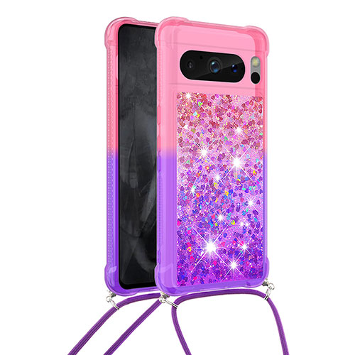 Silicone Candy Rubber TPU Bling-Bling Soft Case Cover with Lanyard Strap S01 for Google Pixel 8 Pro 5G Hot Pink