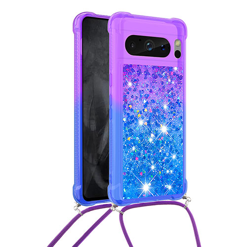 Silicone Candy Rubber TPU Bling-Bling Soft Case Cover with Lanyard Strap S01 for Google Pixel 8 Pro 5G Purple