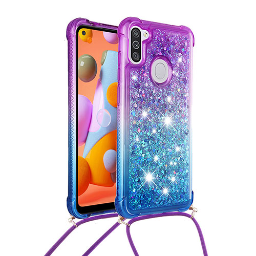 Silicone Candy Rubber TPU Bling-Bling Soft Case Cover with Lanyard Strap S01 for Samsung Galaxy A11 Purple