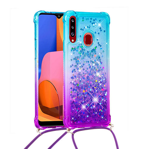 Silicone Candy Rubber TPU Bling-Bling Soft Case Cover with Lanyard Strap S01 for Samsung Galaxy A20s Sky Blue