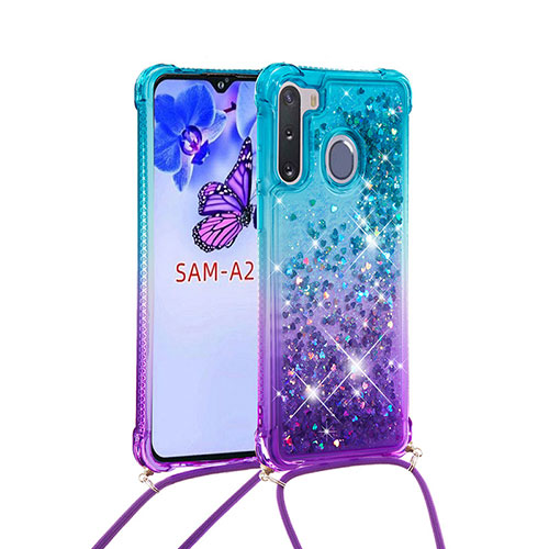 Silicone Candy Rubber TPU Bling-Bling Soft Case Cover with Lanyard Strap S01 for Samsung Galaxy A21 European Sky Blue