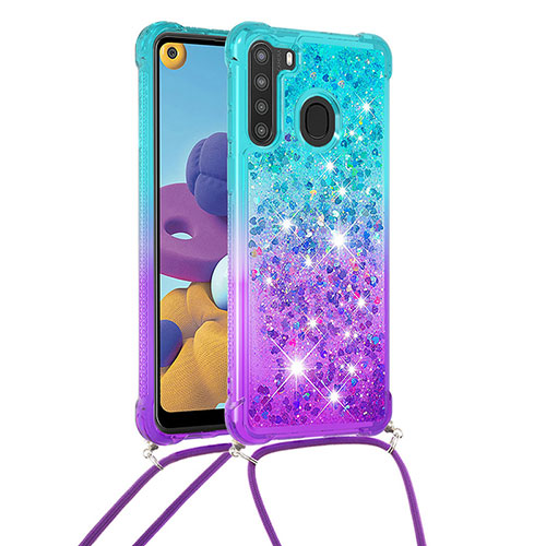 Silicone Candy Rubber TPU Bling-Bling Soft Case Cover with Lanyard Strap S01 for Samsung Galaxy A21 Sky Blue