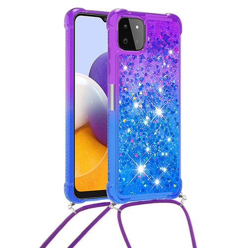Silicone Candy Rubber TPU Bling-Bling Soft Case Cover with Lanyard Strap S01 for Samsung Galaxy A22 5G Purple