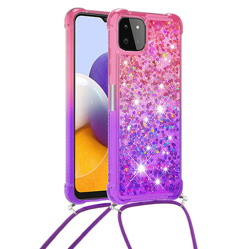 Silicone Candy Rubber TPU Bling-Bling Soft Case Cover with Lanyard Strap S01 for Samsung Galaxy A22s 5G Hot Pink