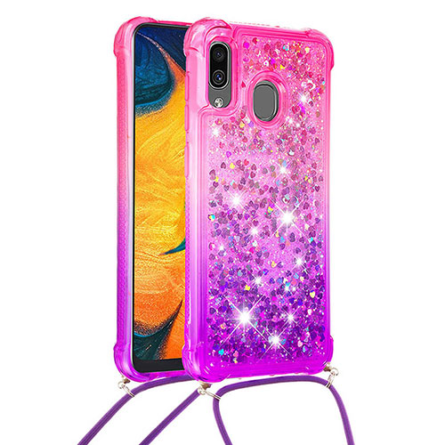 Silicone Candy Rubber TPU Bling-Bling Soft Case Cover with Lanyard Strap S01 for Samsung Galaxy A30 Hot Pink