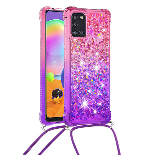 Silicone Candy Rubber TPU Bling-Bling Soft Case Cover with Lanyard Strap S01 for Samsung Galaxy A31 Hot Pink