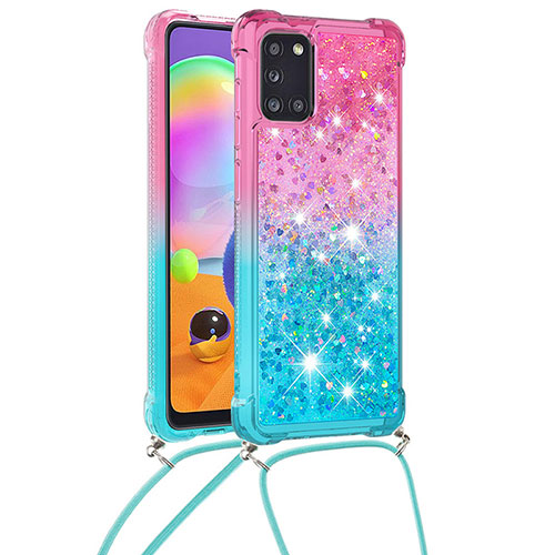 Silicone Candy Rubber TPU Bling-Bling Soft Case Cover with Lanyard Strap S01 for Samsung Galaxy A31 Pink