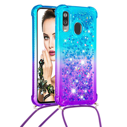 Silicone Candy Rubber TPU Bling-Bling Soft Case Cover with Lanyard Strap S01 for Samsung Galaxy A40 Sky Blue