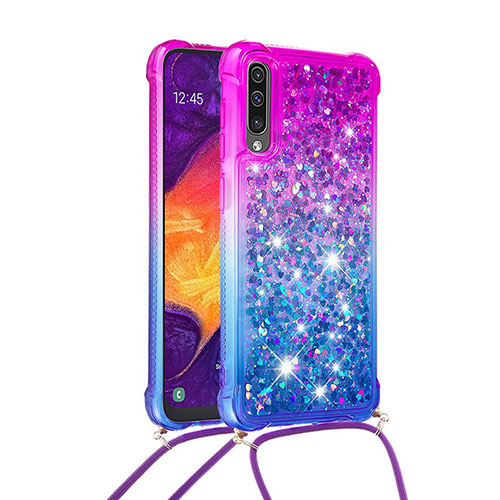 Silicone Candy Rubber TPU Bling-Bling Soft Case Cover with Lanyard Strap S01 for Samsung Galaxy A50 Purple