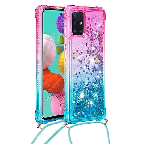 Silicone Candy Rubber TPU Bling-Bling Soft Case Cover with Lanyard Strap S01 for Samsung Galaxy A51 5G Pink