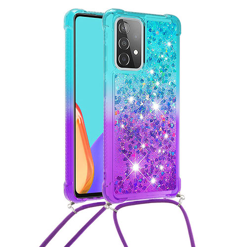 Silicone Candy Rubber TPU Bling-Bling Soft Case Cover with Lanyard Strap S01 for Samsung Galaxy A52 5G Sky Blue