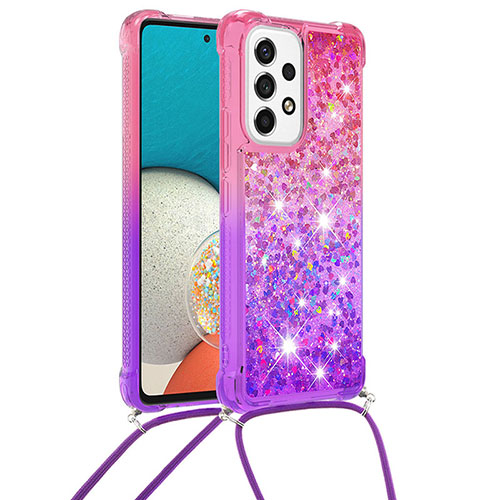 Silicone Candy Rubber TPU Bling-Bling Soft Case Cover with Lanyard Strap S01 for Samsung Galaxy A53 5G Hot Pink