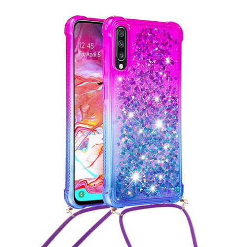 Silicone Candy Rubber TPU Bling-Bling Soft Case Cover with Lanyard Strap S01 for Samsung Galaxy A70S Purple