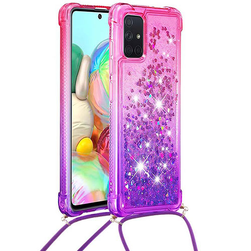 Silicone Candy Rubber TPU Bling-Bling Soft Case Cover with Lanyard Strap S01 for Samsung Galaxy A71 4G A715 Hot Pink