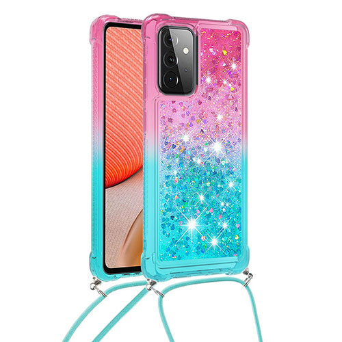 Silicone Candy Rubber TPU Bling-Bling Soft Case Cover with Lanyard Strap S01 for Samsung Galaxy A72 4G Pink