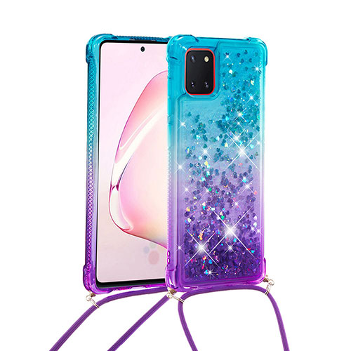 Silicone Candy Rubber TPU Bling-Bling Soft Case Cover with Lanyard Strap S01 for Samsung Galaxy A81 Sky Blue