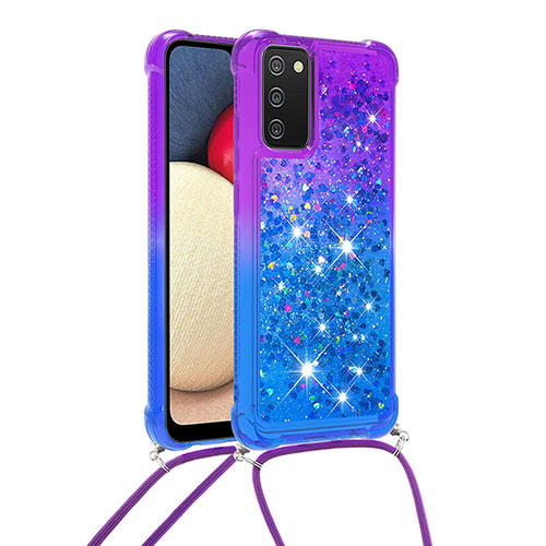 Silicone Candy Rubber TPU Bling-Bling Soft Case Cover with Lanyard Strap S01 for Samsung Galaxy F02S SM-E025F Purple