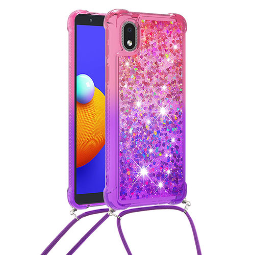 Silicone Candy Rubber TPU Bling-Bling Soft Case Cover with Lanyard Strap S01 for Samsung Galaxy M01 Core Hot Pink