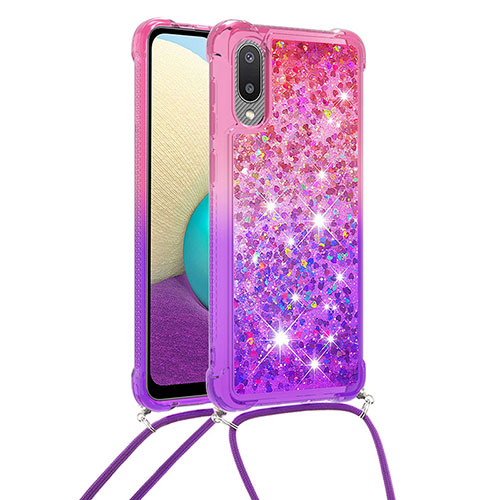 Silicone Candy Rubber TPU Bling-Bling Soft Case Cover with Lanyard Strap S01 for Samsung Galaxy M02 Pink