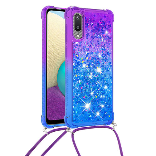 Silicone Candy Rubber TPU Bling-Bling Soft Case Cover with Lanyard Strap S01 for Samsung Galaxy M02 Purple