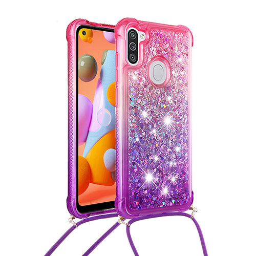 Silicone Candy Rubber TPU Bling-Bling Soft Case Cover with Lanyard Strap S01 for Samsung Galaxy M11 Hot Pink