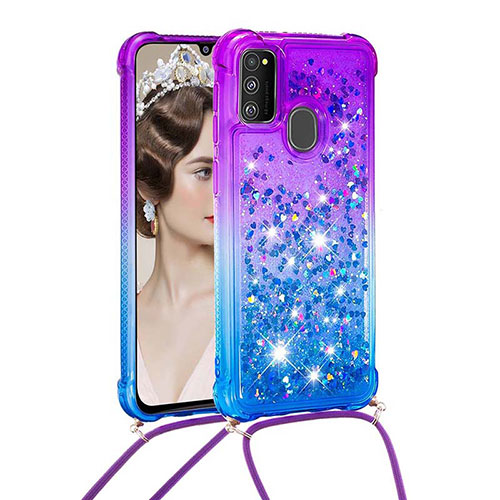 Silicone Candy Rubber TPU Bling-Bling Soft Case Cover with Lanyard Strap S01 for Samsung Galaxy M21 Purple