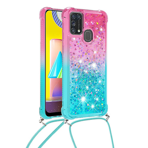 Silicone Candy Rubber TPU Bling-Bling Soft Case Cover with Lanyard Strap S01 for Samsung Galaxy M31 Pink