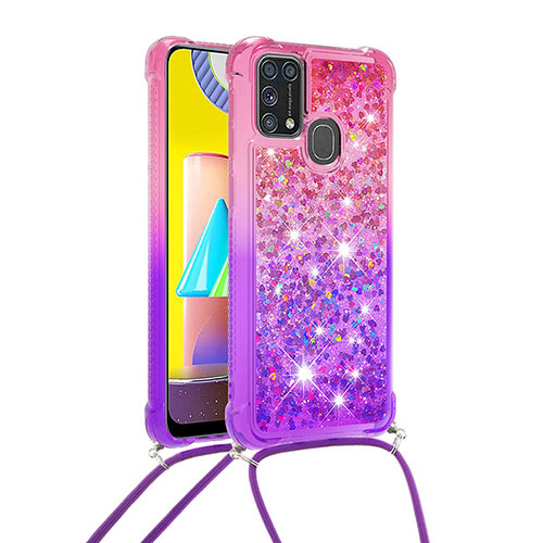 Silicone Candy Rubber TPU Bling-Bling Soft Case Cover with Lanyard Strap S01 for Samsung Galaxy M31 Prime Edition Hot Pink