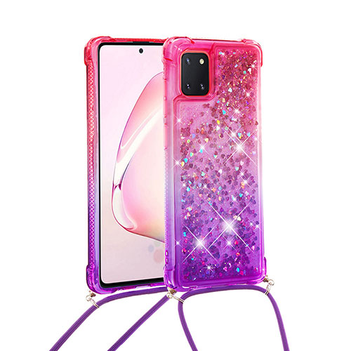 Silicone Candy Rubber TPU Bling-Bling Soft Case Cover with Lanyard Strap S01 for Samsung Galaxy Note 10 Lite Hot Pink