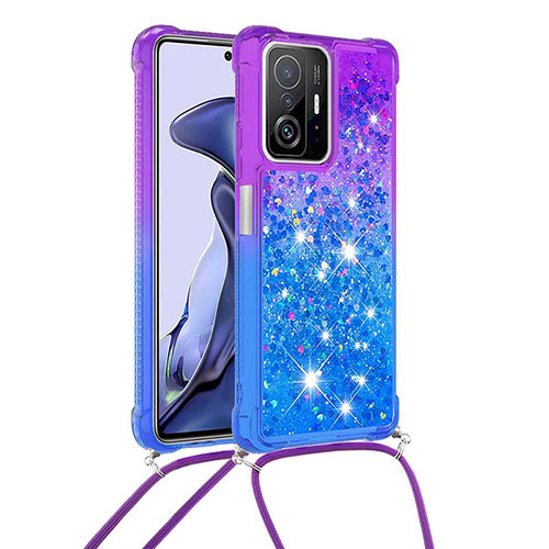 Silicone Candy Rubber TPU Bling-Bling Soft Case Cover with Lanyard Strap S01 for Xiaomi Mi 11T 5G Purple