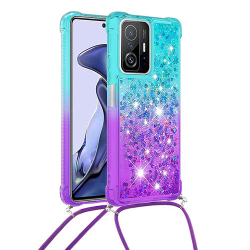 Silicone Candy Rubber TPU Bling-Bling Soft Case Cover with Lanyard Strap S01 for Xiaomi Mi 11T Pro 5G Sky Blue