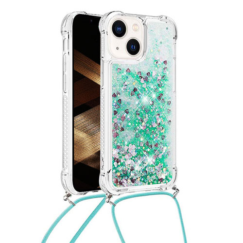 Silicone Candy Rubber TPU Bling-Bling Soft Case Cover with Lanyard Strap S02 for Apple iPhone 13 Green