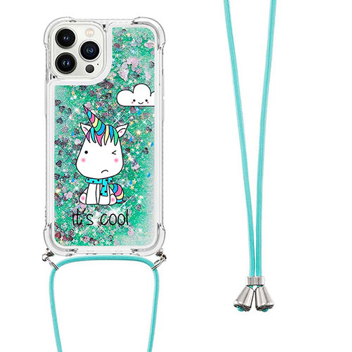 Silicone Candy Rubber TPU Bling-Bling Soft Case Cover with Lanyard Strap S02 for Apple iPhone 13 Pro Max Green