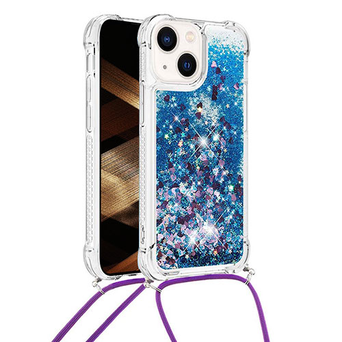 Silicone Candy Rubber TPU Bling-Bling Soft Case Cover with Lanyard Strap S02 for Apple iPhone 14 Blue