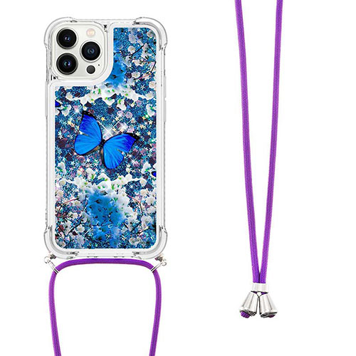 Silicone Candy Rubber TPU Bling-Bling Soft Case Cover with Lanyard Strap S02 for Apple iPhone 14 Pro Max Blue