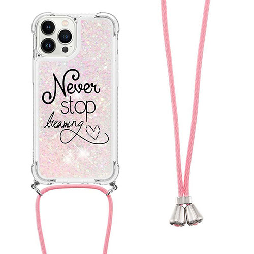 Silicone Candy Rubber TPU Bling-Bling Soft Case Cover with Lanyard Strap S02 for Apple iPhone 14 Pro Max Rose Gold