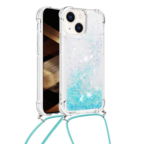 Silicone Candy Rubber TPU Bling-Bling Soft Case Cover with Lanyard Strap S02 for Apple iPhone 15 Sky Blue