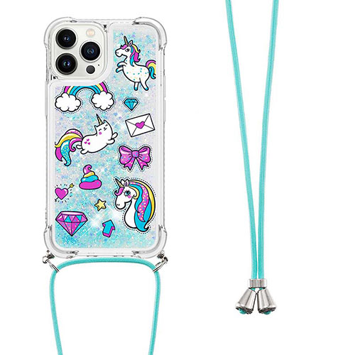 Silicone Candy Rubber TPU Bling-Bling Soft Case Cover with Lanyard Strap S02 for Apple iPhone 16 Pro Max Sky Blue