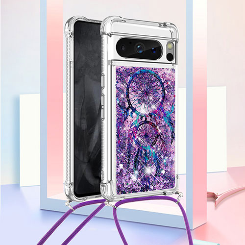 Silicone Candy Rubber TPU Bling-Bling Soft Case Cover with Lanyard Strap S02 for Google Pixel 8 Pro 5G Purple