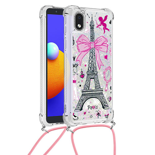 Silicone Candy Rubber TPU Bling-Bling Soft Case Cover with Lanyard Strap S02 for Samsung Galaxy A01 Core Pink