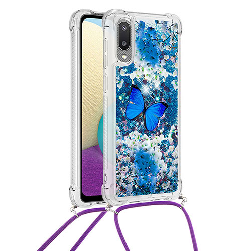 Silicone Candy Rubber TPU Bling-Bling Soft Case Cover with Lanyard Strap S02 for Samsung Galaxy A02 Blue