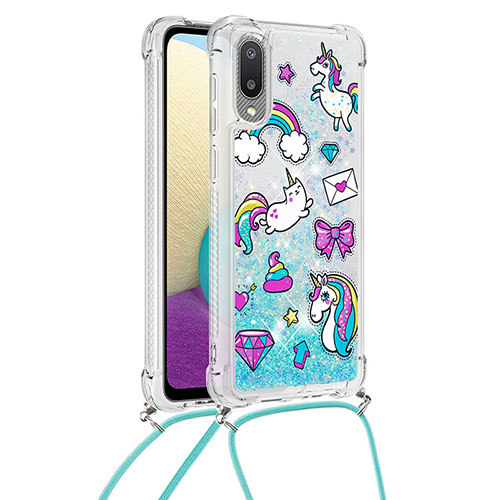 Silicone Candy Rubber TPU Bling-Bling Soft Case Cover with Lanyard Strap S02 for Samsung Galaxy A02 Sky Blue