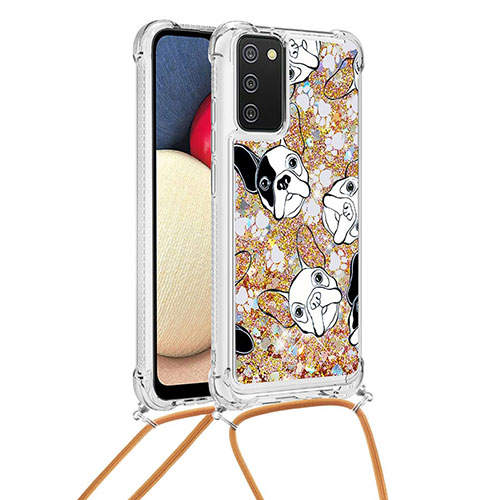 Silicone Candy Rubber TPU Bling-Bling Soft Case Cover with Lanyard Strap S02 for Samsung Galaxy A02s Gold