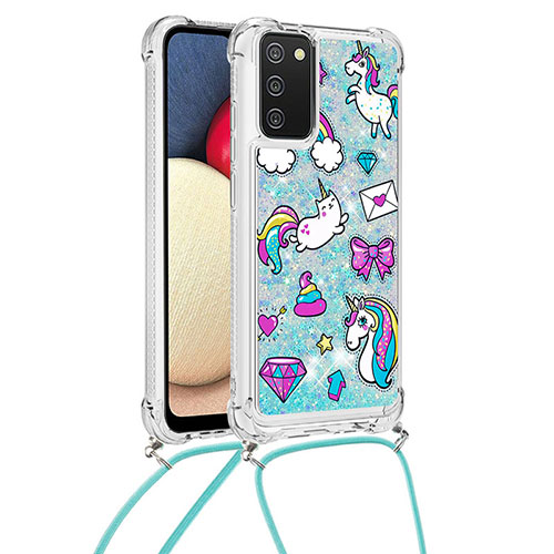 Silicone Candy Rubber TPU Bling-Bling Soft Case Cover with Lanyard Strap S02 for Samsung Galaxy A02s Sky Blue