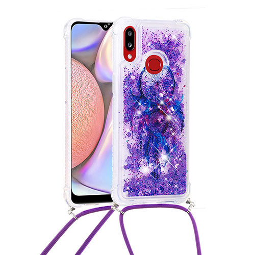 Silicone Candy Rubber TPU Bling-Bling Soft Case Cover with Lanyard Strap S02 for Samsung Galaxy A10s Purple