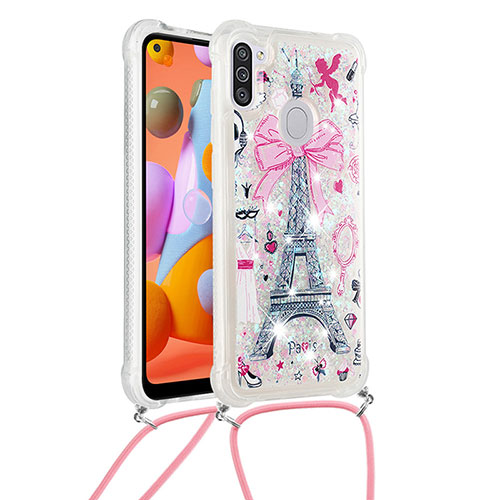 Silicone Candy Rubber TPU Bling-Bling Soft Case Cover with Lanyard Strap S02 for Samsung Galaxy A11 Pink