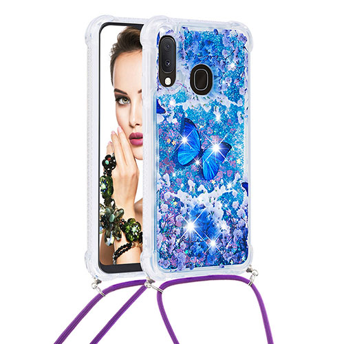 Silicone Candy Rubber TPU Bling-Bling Soft Case Cover with Lanyard Strap S02 for Samsung Galaxy A20e Blue