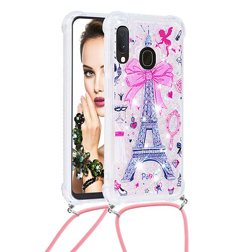 Silicone Candy Rubber TPU Bling-Bling Soft Case Cover with Lanyard Strap S02 for Samsung Galaxy A20e Pink