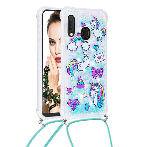 Silicone Candy Rubber TPU Bling-Bling Soft Case Cover with Lanyard Strap S02 for Samsung Galaxy A20e Sky Blue