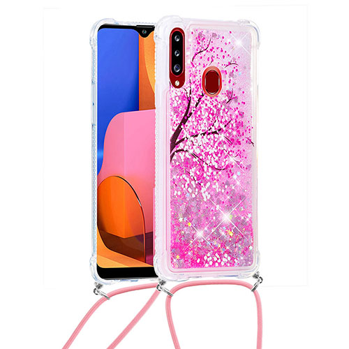 Silicone Candy Rubber TPU Bling-Bling Soft Case Cover with Lanyard Strap S02 for Samsung Galaxy A20s Hot Pink